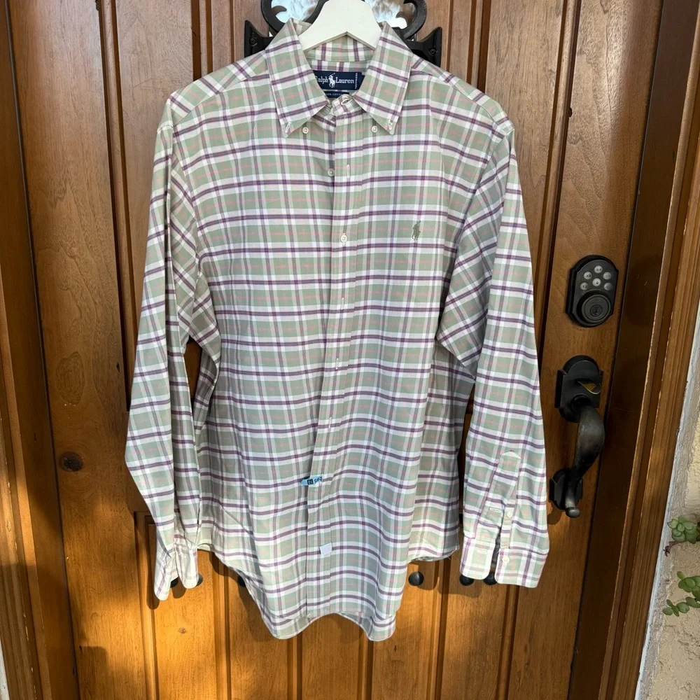 Polo Ralph Lauren Shirt Mens 16 1/2-35 Green Purple Plaid Easter‎ Dress Shirt - Picture 2 of 5